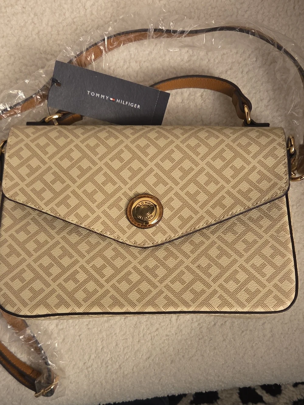 Tommy Hilfiger Cream Logo Satchel with Gold-Tone Medallion